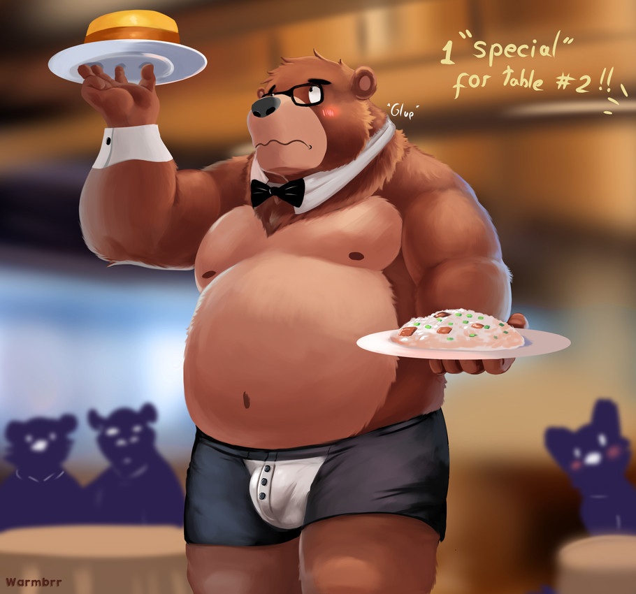 anthro belly big_belly black_nose blush bow_tie brown_body brown_fur bulge clothing eyewear food fur glasses group kemono male moobs navel nipples overweight overweight_male solo_focus text underwear waiter warmbrr meme_clothing bear mammal 2024 absurd_res english_text hi_res meme