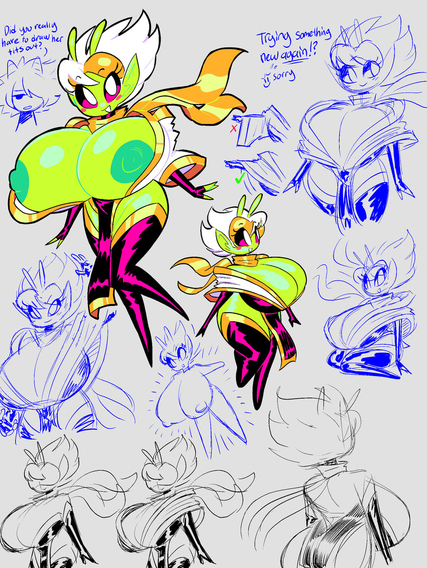 antennae_(anatomy) areola armwear big_breasts blush breasts cleavage clothed clothing curvy_figure dialogue duo elbow_gloves eyelashes eyewear female fingerless_gloves fingers gloves green_areola green_body green_nipples green_skin hair handwear horn huge_breasts humanoid_pointy_ears legwear looking_at_viewer nipples not_furry pointy_ears scarf skimpy text thick_thighs thigh_highs topwear voluptuous white_hair wide_hips theguywhodrawsalot sara_(theguywhodrawsalot) valerie_(theguywhodrawsalot) alien alien_humanoid horned_humanoid humanoid absurd_res english_text hi_res