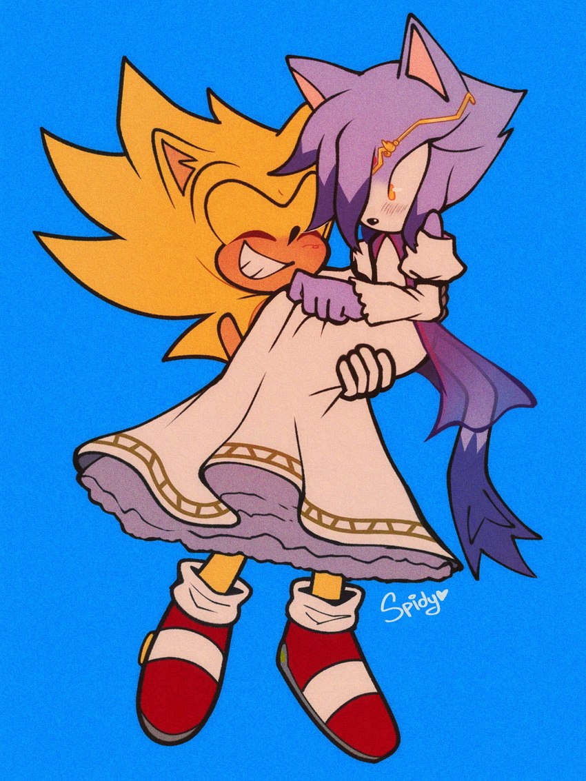 anthro blush blush_lines clothed clothing crown dress duo female footwear headgear looking_at_another male male/female purple_body shoes simple_background smile tail tiara yellow_eyes spidercheetos sega sonic_the_hedgehog_(series) blaze_the_cat sonic_the_hedgehog super_sonic domestic_cat eulipotyphlan felid feline felis hedgehog mammal 2024 3:4 hi_res