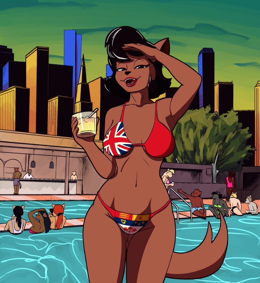 anthro beverage bikini breasts brown_body brown_fur canada canadian_flag canadian_red_ensign clothed clothing female flag flag_bikini flag_clothing flag_print flag_swimwear fur hair lipstick looking_at_viewer makeup maple_leaf mature_anthro mature_female open_mouth outside poolside print_bikini print_clothing print_swimwear sky skyline smile solo swimming_pool swimwear tail two-piece_swimsuit union_jack union_jack_bikini water callmewritefag hanna-barbera swat_kats background_character catherine_york_(callmewritefag) fan_character domestic_cat felid feline felis mammal colored digital_drawing_(artwork) digital_media_(artwork) hi_res shaded