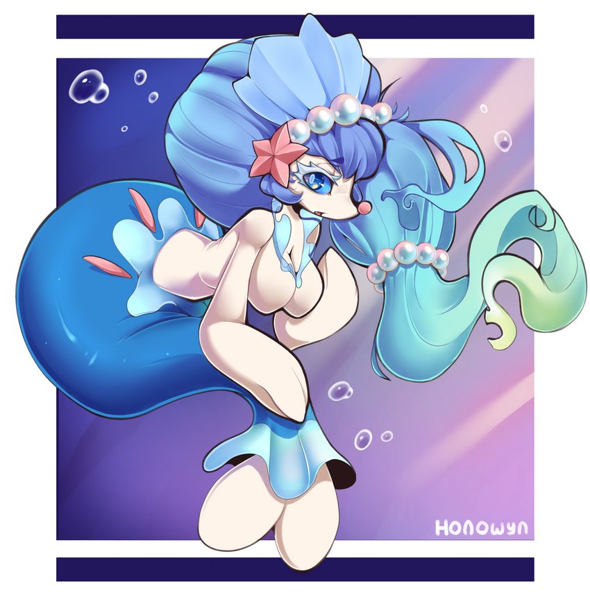 air_bubble blue_eyes blue_hair breasts busty_feral featureless_breasts female feral fin hair solo tail tail_fin honowyn cc-by-nc-sa creative_commons nintendo pokemon asterozoan echinoderm generation_7_pokemon marine pokemon_(species) primarina starfish hi_res