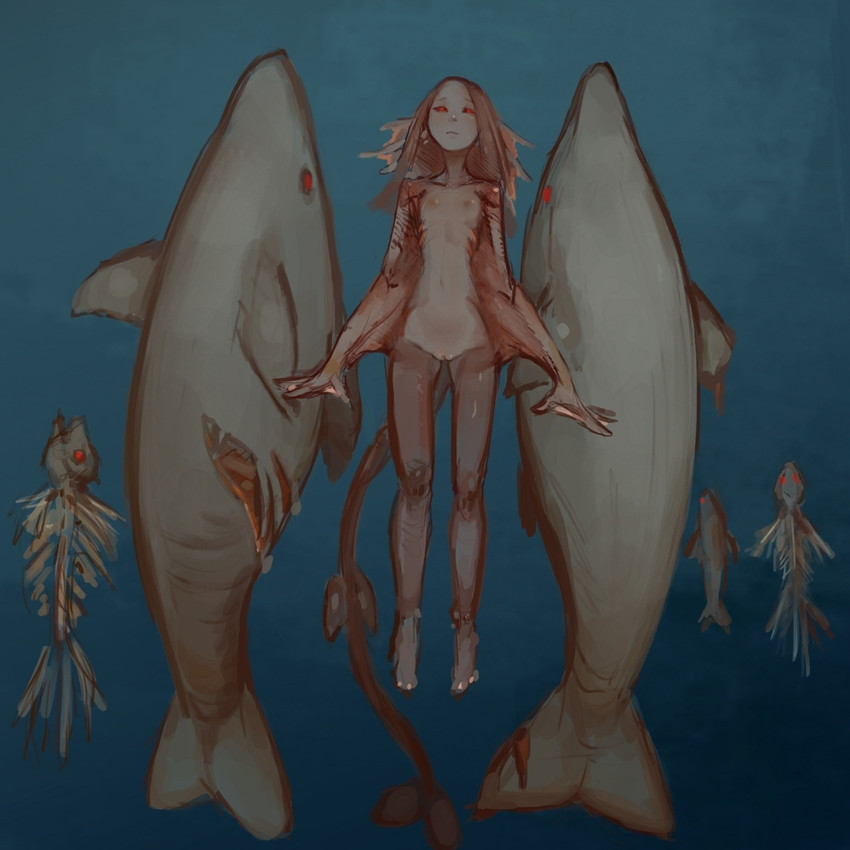 ambiguous_gender bone crotch_lines female feral fin fish_tail flat_chested genitals gills grey_body group head_fin magic_user membrane_(anatomy) necromancer nipples nude pussy red_eyes skeleton small_waist underwater water webbed_arms webbed_hands wounded syvaron portals_of_phereon narah_(portals_of_phereon) animal_humanoid fish fish_humanoid humanoid marine marine_humanoid shark undead zombie 1:1