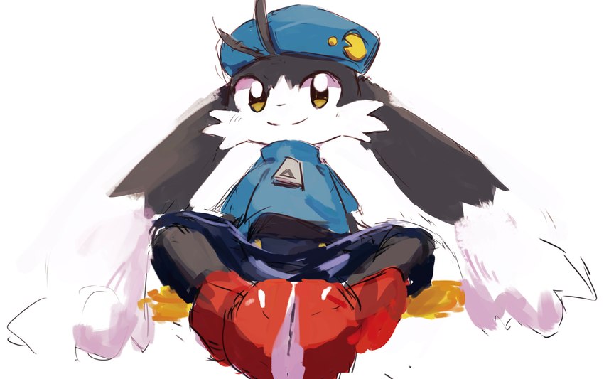 anthro biped brown_eyes clothed clothing dipstick_ears ear_markings kemono long_ears looking_at_viewer male multicolored_ears sitting smile solo fumochi_n bandai_namco klonoa_(series) pac-man_(series) klonoa pac-man lagomorph leporid mammal rabbit 2024 hi_res