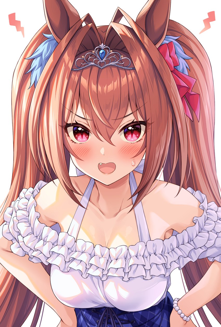 blush bodily_fluids bottomwear bracelet breasts clothing crown female hair hand_on_hip headgear jewelry looking_at_viewer open_mouth pigtails pupils red_eyes shirt skirt slit_pupils solo sweat tiara topwear tomo_(tmtm_mf_mf) cygames uma_musume_pretty_derby daiwa_scarlet_(pretty_derby) animal_humanoid equid equid_humanoid equine equine_humanoid horse_humanoid humanoid mammal mammal_humanoid hi_res