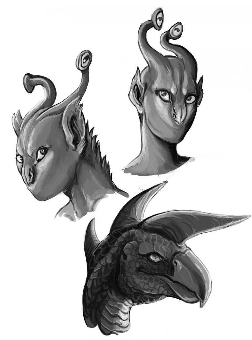 4_eyes ambiguous_gender beak eyebrows eyestalks fur head_spikes mouthless multi_eye scales simple_background solo spikes spikes_(anatomy) white_background saeto15 animorphs alien andalite hork-bajir scalie headshot_portrait hi_res monochrome portrait