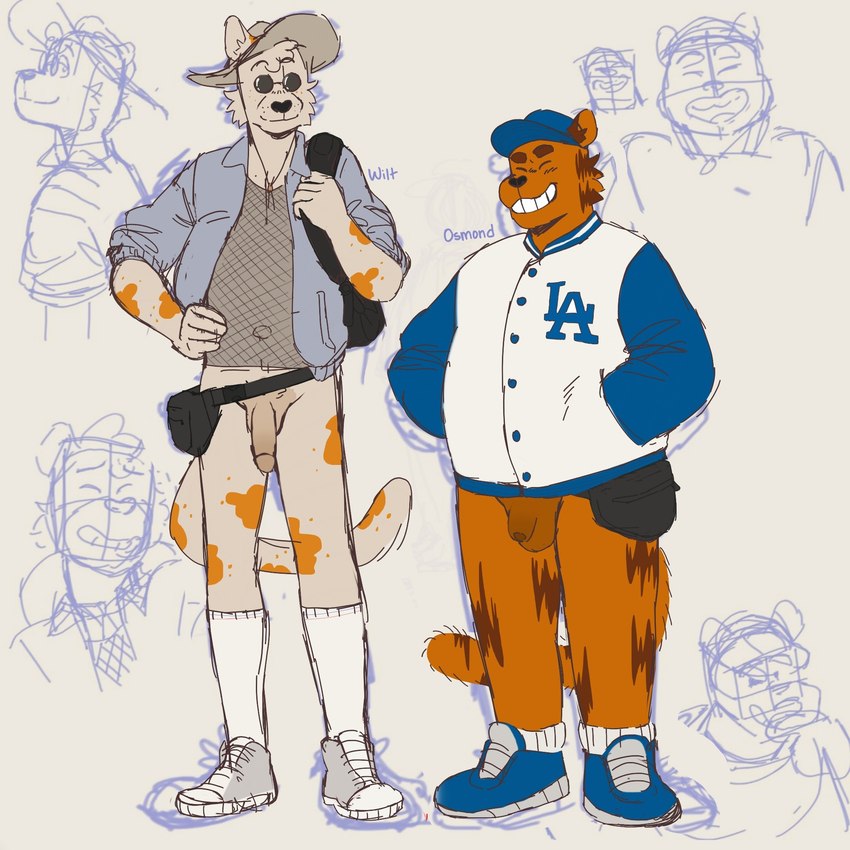 baseball_cap black_nose bow_tie butt clothed clothing collar eyes_closed fanny_pack fishnet_clothing fishnet_shirt fishnet_topwear footwear freckles fur fuzzy fuzzy_tail genitals hand_in_pocket hand_on_chin hand_on_hip hat headgear headwear jacket long_tail looking_at_viewer male nervous_smile nude orange_body orange_fur pantsless pantsless_male penis pockets pompadour shirt shoes slightly_chubby slim smile socks standing sun_hat tail teeth topwear whisker_spots white_body white_fur p_rindustries osmond_(p_rindustries) wilt_(p_rindustries) domestic_cat felid feline felis mammal 1:1 guide_lines hi_res signature sketch