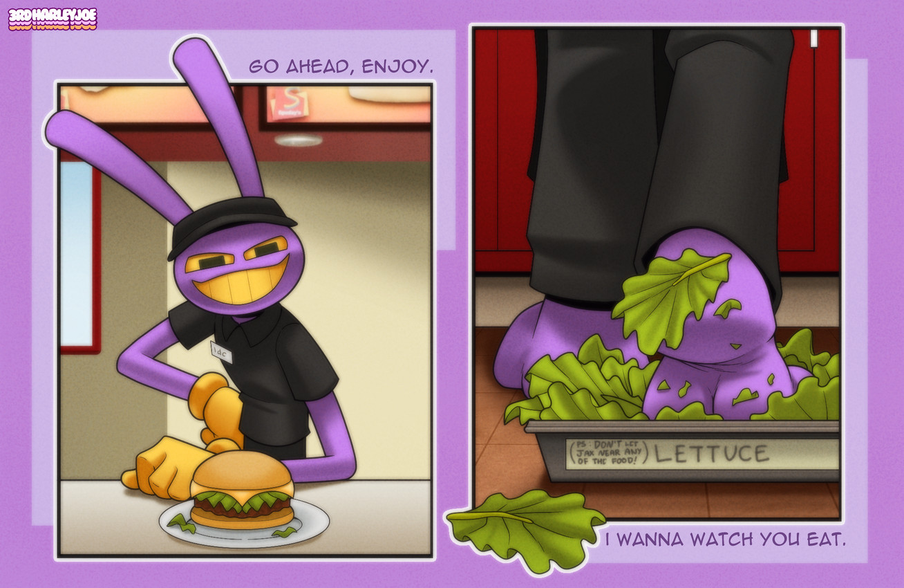 anthro barefoot black_clothing black_shirt black_topwear bottomwear burger clothed clothing dialogue fast_food_uniform feet food foot_focus fruit fur gloves grin handwear hat headgear headwear lettuce looking_at_viewer male pants plant purple_body purple_fur restaurant shirt smile solo text toes tomato topwear vegetable 3rdharleyjoe burger_king_foot_lettuce glitch_productions spudsy's the_amazing_digital_circus jax_(tadc) lagomorph leporid mammal rabbit digital_media_(artwork) english_text hi_res lol_comments meme