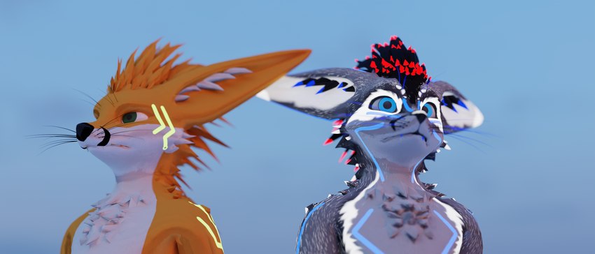 :| anthro arms_at_sides big_ears big_pupils black_body black_feathers black_whiskers blue_background blue_body blue_eyes blue_feathers blue_sky blue_tattoo blue_teeth blue_whiskers day depth_of_field dilated_pupils dipstick_ears duo ear_markings ear_tuft eye_markings facial_markings feathers fur green_eyes green_tattoo grey_body grey_fur head_markings looking_aside looking_forward male markings multicolored_ears orange_body orange_feather_hair orange_fur outside pupils red_body red_feathers serious simple_background sky snout snout_markings staring_off tattoo teeth tuft whiskers white_body white_ear_tips white_fur white_tuft wide_eyed flimsy_fox_(artist) flimsy_fox_(character) canid canine fox hybrid mammal rexouium 2023 3d_(artwork) 7:3 absurd_res digital_media_(artwork) hi_res