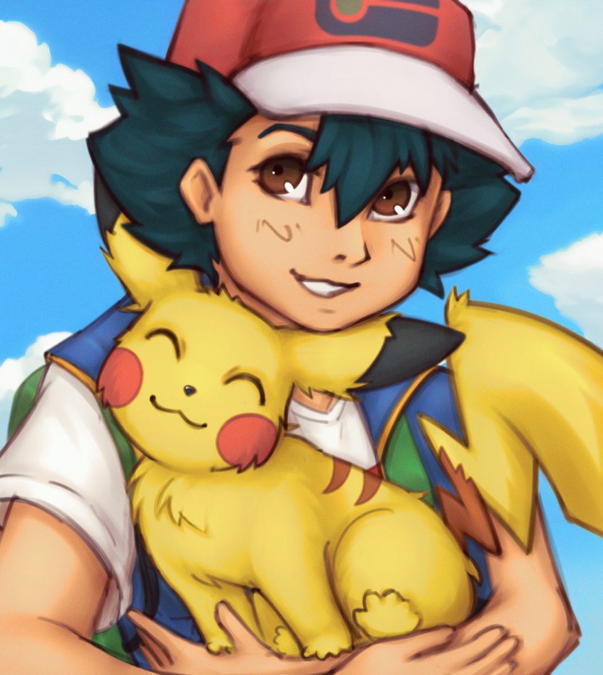 ambiguous_gender brown_eyes clothing cloud day duo eyes_closed fluffy fur male sky smile yellow_body yellow_fur elronya nintendo pokemon pokemon_(anime) ash's_pikachu ash_ketchum generation_1_pokemon human mammal pikachu pokemon_(species) hi_res shaded