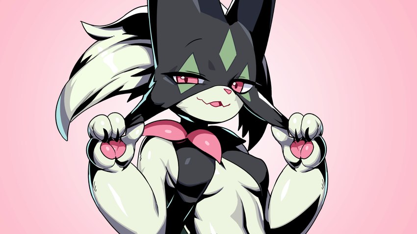 anthro breasts claws female finger_claws fur green_body green_fur green_hair hair mask pawpads pink_pawpads red_eyes small_breasts solo drunk_oak nintendo pokemon felid feline generation_9_pokemon mammal meowscarada pokemon_(species) 16:9 digital_media_(artwork) hi_res widescreen