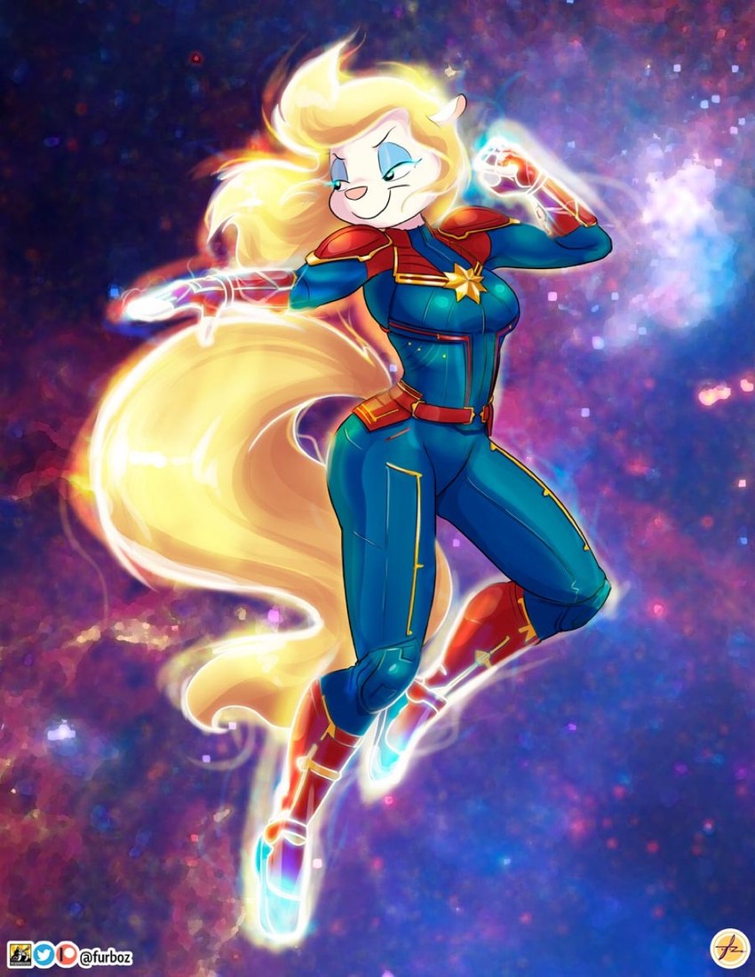 alternate_costume anthro big_tail blonde_hair blue_eyeshadow clothing cosplay crossover_cosplay eyeshadow female fist flying gloves glowing_hands hair handwear logo long_hair long_tail makeup newgrounds_logo patreon_logo pink_nose red_clothing red_gloves red_handwear smile solo space star superhero superhero_costume superpowers tail twitter_logo furboz animaniacs marvel marvel_cinematic_universe newgrounds patreon twitter warner_brothers captain_marvel minerva_mink mammal mink mustelid musteline true_musteline artist_logo crossover hi_res