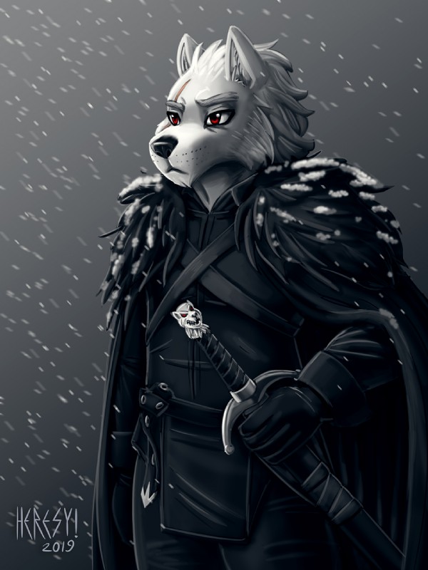 anthro anthrofied armor belt black_nose cape cloak clothing fur gloves handwear leather melee_weapon outside red_eyes scar simple_background snow solo sword weapon white_body white_fur winter heresy_(artist) game_of_thrones ghost_(game_of_thrones) jon_snow canid canine canis mammal wolf 2019 3:4 digital_media_(artwork) hi_res shaded