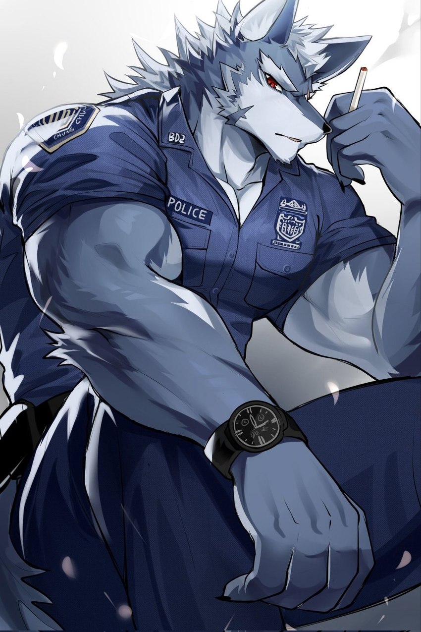 anthro blue_body blue_fur cigarette clock clothing countershade_arms countershade_face countershade_neck countershading eye_scar facial_scar fur holding_cigarette holding_object male multicolored_body multicolored_fur muscular muscular_anthro muscular_male police police_badge police_officer police_uniform red_eyes scar sitting sitting_on_ground smoke smoking smoking_cigarette solo uniform watch white_body white_fur chung0_0 canid canine canis mammal wolf 2024 2:3 hi_res