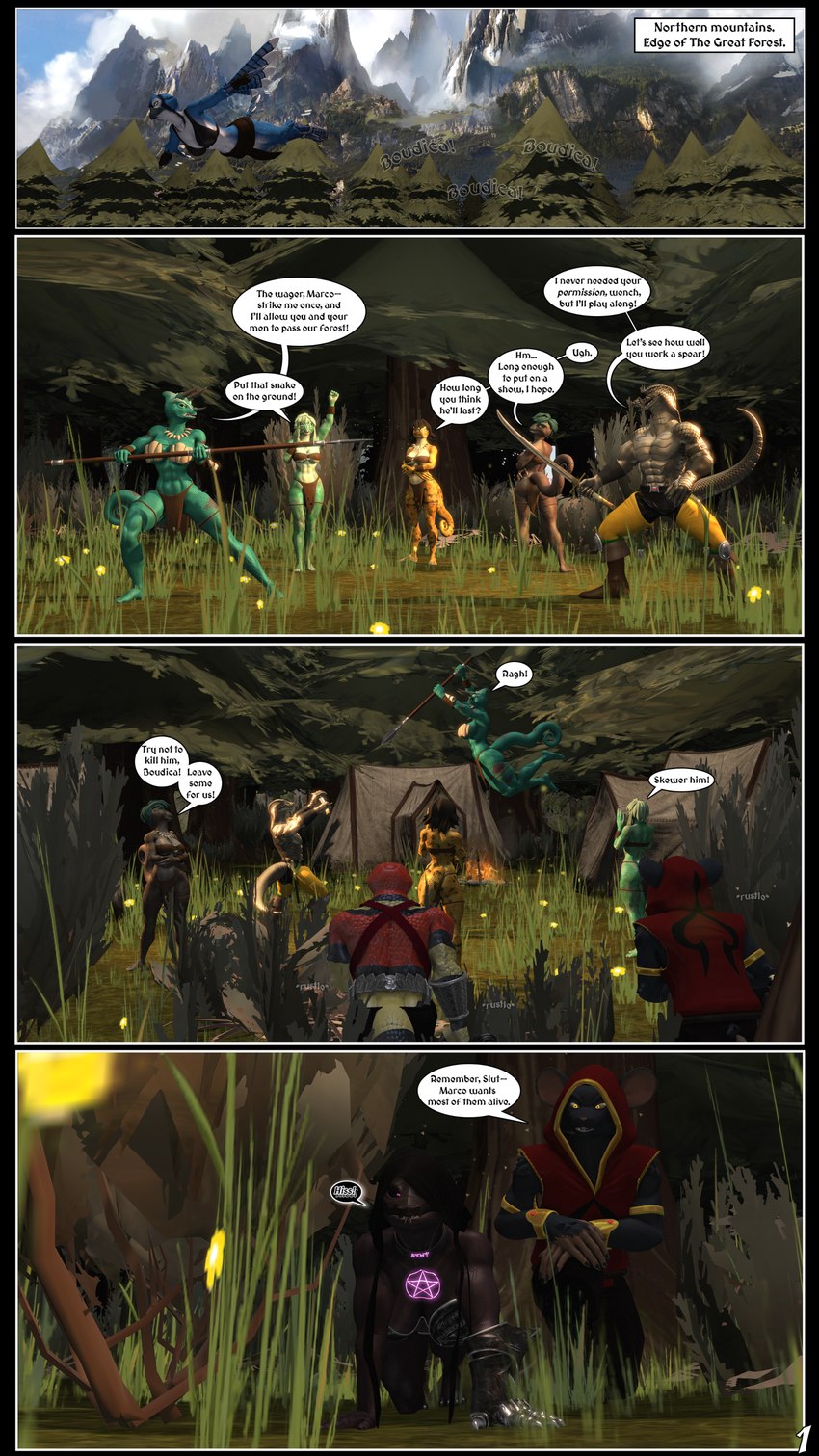 anthro battle clothed clothing comic_panel dialogue female fighting_pose group hair male pose tail text tongue verbalblade petruz_(copyright) avian chameleon lizard mammal monster murid murine rat reptile rodent scalie snake 3d_(artwork) 9:16 absurd_res comic digital_media_(artwork) english_text hi_res