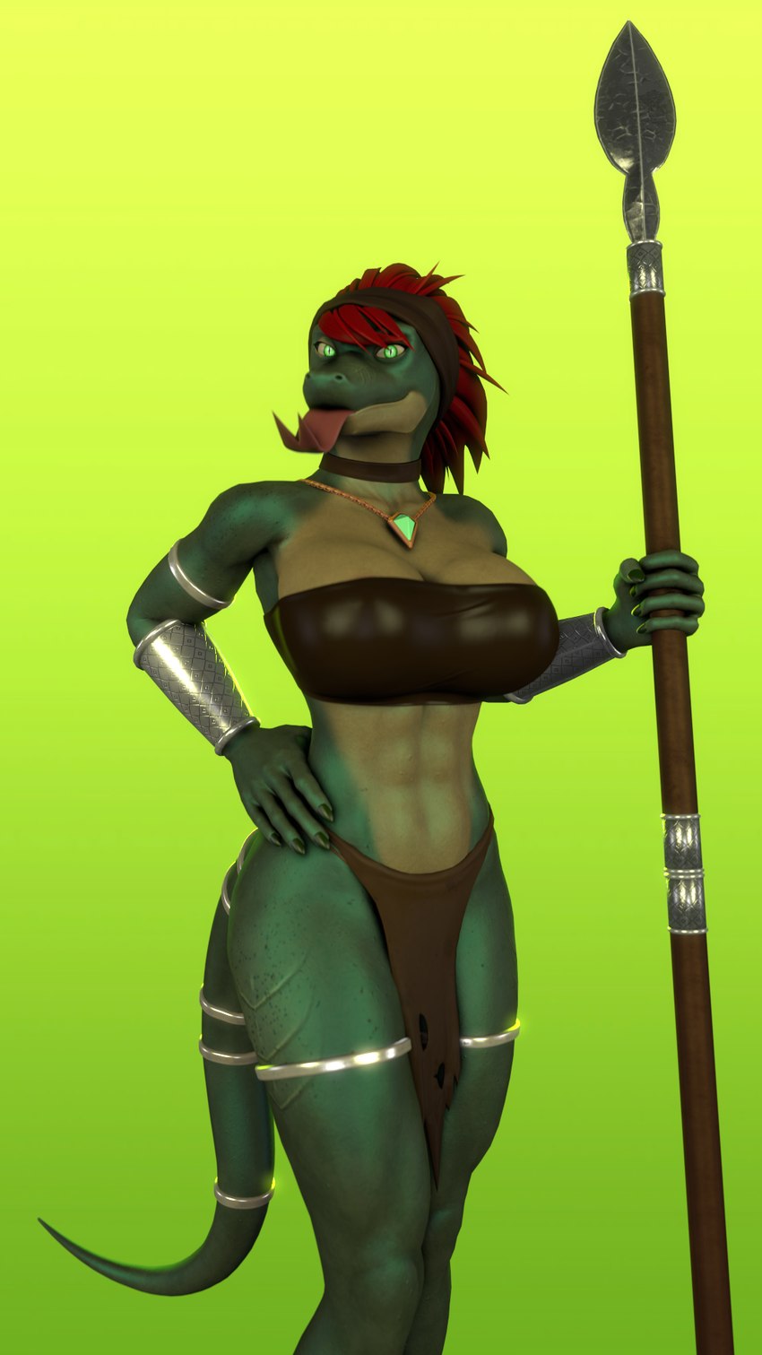 abs accessory anthro armor athletic athletic_anthro athletic_female bandeau belly big_breasts body_rings bottomwear breasts clothing female furgonomics gauntlets gloves green_body green_eyes hair handwear jewelry kerchief loincloth looking_at_viewer melee_weapon neckband necklace neckwear non-mammal_breasts polearm red_hair silver_(metal) simple_background solo spear tail tail_accessory tongue tongue_out topwear tribal tribal_clothing weapon yellow_belly thevestige petruz_(copyright) lizard_(petruz) lizard reptile scalie 3d_(artwork) digital_media_(artwork) hi_res source_filmmaker_(artwork)