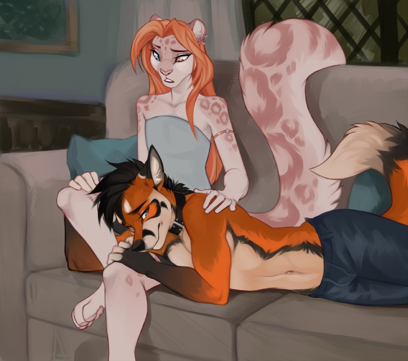 ambiguous_gender anthro black_hair blue_eyes clothed clothing collar comforting cuddling duo eyelashes femboy flat_chested fur furniture hair heterochromia lap_pillow long_tail lying male piercing pink_body pink_eyes pink_fur sad sitting sofa tail topless demicoeur accelo_(character) cress_(tartii) canid canine felid fox leopard mammal pantherine snow_leopard 2017 digital_media_(artwork) shaded male_(lore)