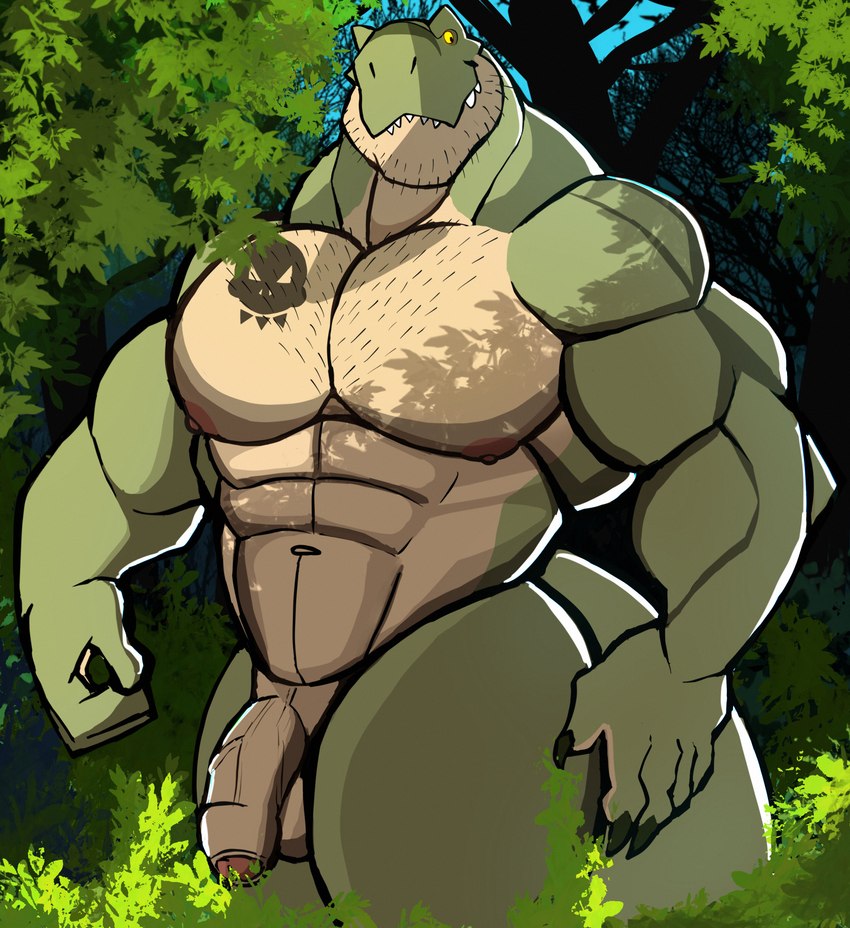 abs anthro balls biceps big_biceps big_deltoids big_muscles big_pecs black_tattoo body_hair chest_hair chest_tattoo countershade_body countershade_face countershade_neck countershade_scales countershade_torso countershading dark_tattoo deltoids facial_hair forest genitals green_arms green_body green_face green_fingers green_hands green_head green_legs green_neck green_scales huge_deltoids huge_muscles humanoid_genitalia humanoid_penis hyper hyper_biceps hyper_deltoids hyper_muscles hyper_triceps light_arms light_body light_chest light_eyes light_face light_fingers light_hands light_head light_legs light_neck male male_anthro manly mature_anthro mature_male monotone_arms monotone_chest multicolored_body multicolored_scales muscular muscular_anthro muscular_arms muscular_male neck_muscles nipples nude outside pecs penis plant scale_tattoo scales skull_symbol skull_tattoo small_eyes solo symbol symbol_tattoo tan_body tan_chest tan_countershading tan_face tan_head tan_neck tan_scales tattoo thick_thighs trapezius tree triceps two_tone_body two_tone_face two_tone_head two_tone_neck two_tone_scales yellow_eyes darknaigart jace_(darknaig) dinosaur prehistoric_species reptile scalie theropod tyrannosaurid tyrannosauroid tyrannosaurus tyrannosaurus_rex absurd_res colored digital_drawing_(artwork) digital_media_(artwork) hi_res