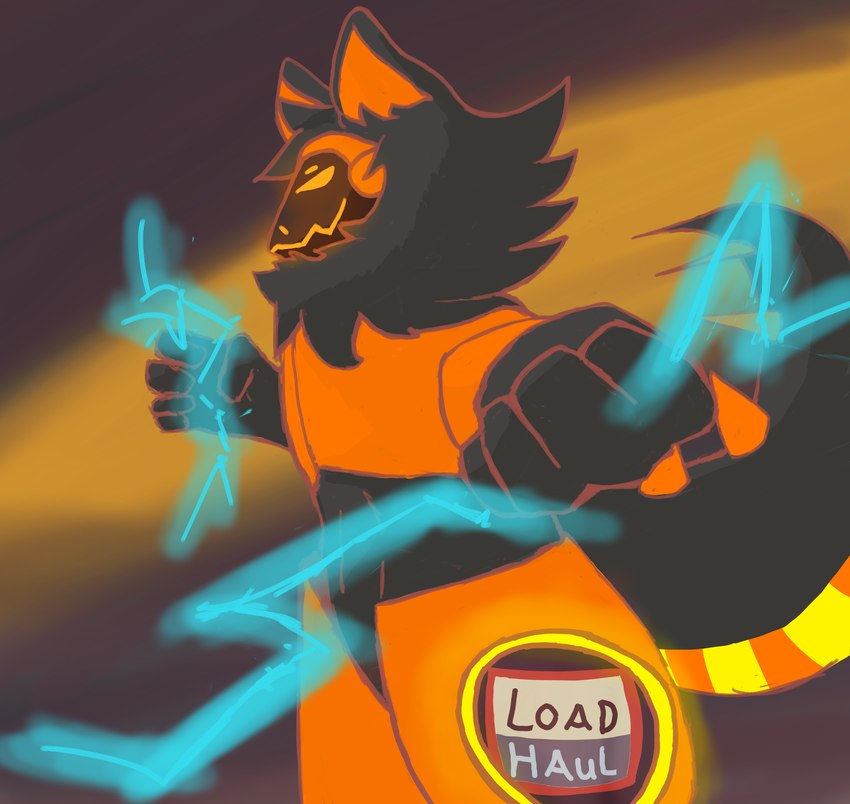 anthro arms clenched_hands electricity electronics fist fuzzy lightning machine male motion_lines muscular protogen_face screen screen_face simple_background smile solo spikes tail ails protogen ears hi_res