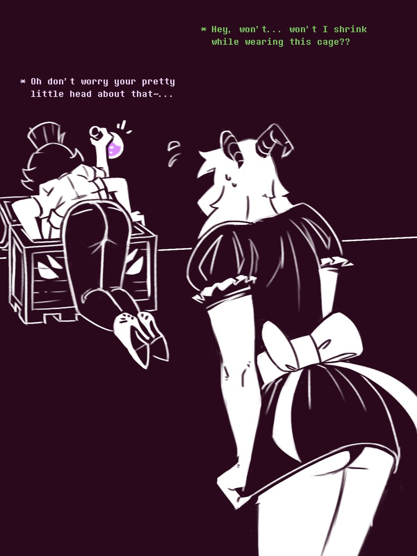 alternate_universe anthro blush bodily_fluids boss butt clothed clothing crossdressing duo embarrassed female femboy footwear high_heels larger_male maid_uniform male male/female panties potion potion_bottle shoes size_difference smaller_female sweat text treasure_chest underwear uniform upskirt dracozhilla underswap undertale undertale_(series) asriel_dreemurr muffet muffet_(underswap) arachnid arthropod boss_monster_(undertale) spider comic hi_res sketch