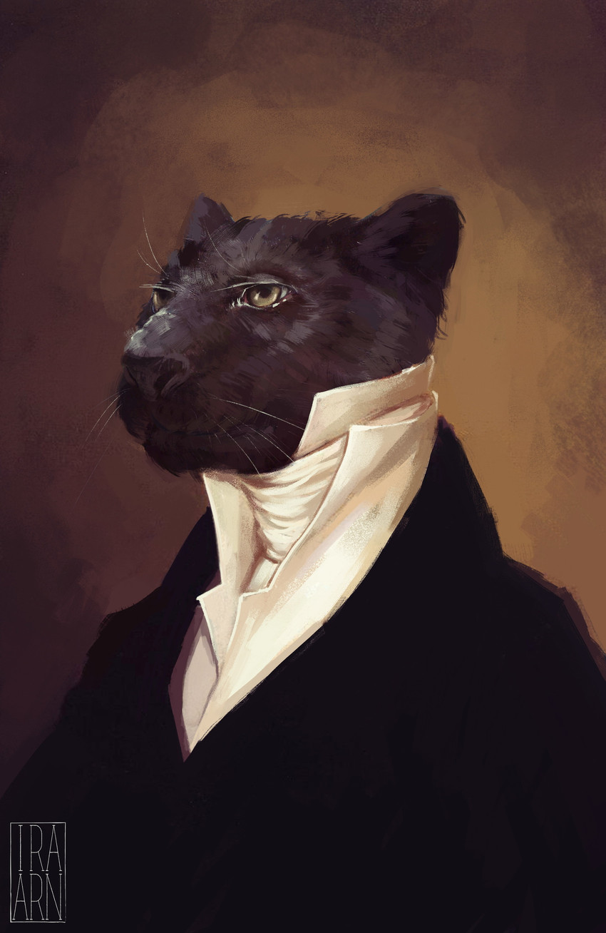 anthro biped black_body black_clothing black_fur black_nose black_suit brown_background clothed clothing fully_clothed fur male simple_background solo suit sweater topwear turtleneck victorian white_clothing yellow_eyes ira-arn felid mammal pantherine absurd_res digital_media_(artwork) digital_painting_(artwork) half-length_portrait hi_res portrait watermark