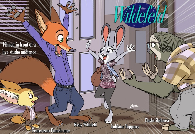 anthro clothed clothing female fur green_eyes group male purple_eyes simple_background text borba disney seinfeld zootopia finnick_(zootopia) flash_slothmore judy_hopps nick_wilde canid canine fennec_fox fox lagomorph leporid mammal pilosan rabbit red_fox sloth three-toed_sloth true_fox xenarthran 2019 english_text