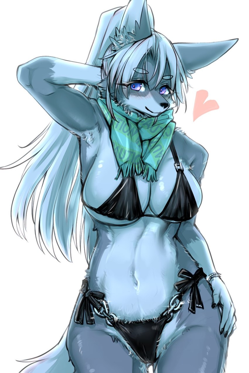 anthro big_breasts bikini black_bikini black_clothing black_nose black_swimwear bracelet breasts camel_toe cheek_tuft claws cleavage clothed clothing eyelashes facial_tuft female female_anthro fingers fur green_scarf grey_body grey_fur hair hand_behind_head hand_on_hip heart_symbol huge_breasts inner_ear_fluff jewelry kemono long_hair looking_at_viewer multicolored_body multicolored_fur navel ponytail purple_eyes scarf side_boob silver_bracelet simple_background smile solo standing swimwear tail tuft two-piece_swimsuit two_tone_body two_tone_fur white_body white_fur white_hair ookamiwaho okami_bark canid canine canis mammal wolf 2:3 digital_media_(artwork) hi_res