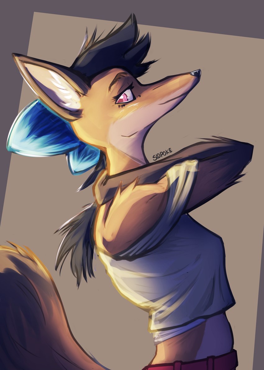 anthro arm_tuft athletic belly clothing exposed_shoulder female purple_eyes shoulder_tuft sidecut solo topwear tuft sidpoke ermelyn_(system_exception) arthropod butterfly canid canine insect lepidopteran mammal maned_wolf absurd_res hi_res