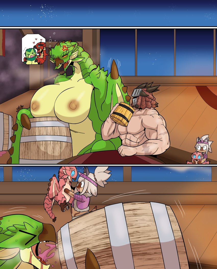 >_< abs angry anthro areola barrel beverage big_breasts blue_eyes blush bodily_fluids breasts brown_areola brown_nipples buccinator claws cross-popping_vein dipstick_tail drinking extreme_size_difference eyes_closed female gloves_(marking) green_body green_scales holding_barrel huge_breasts larger_anthro larger_female lifting_another male markings muscular muscular_male nipples nude pink_body pink_scales red_body red_scales scales scar sharp_teeth size_difference smaller_male smile sweat tail tail_markings teeth wings yellow_eyes san_ruishin capcom european_mythology monster_hunter mythology bird_wyvern dragon flying_wyvern human mammal mythological_creature mythological_scalie pink_rathian pukei-pukei rath_wyvern rathalos rathian scalie western_dragon wyvern absurd_res hi_res