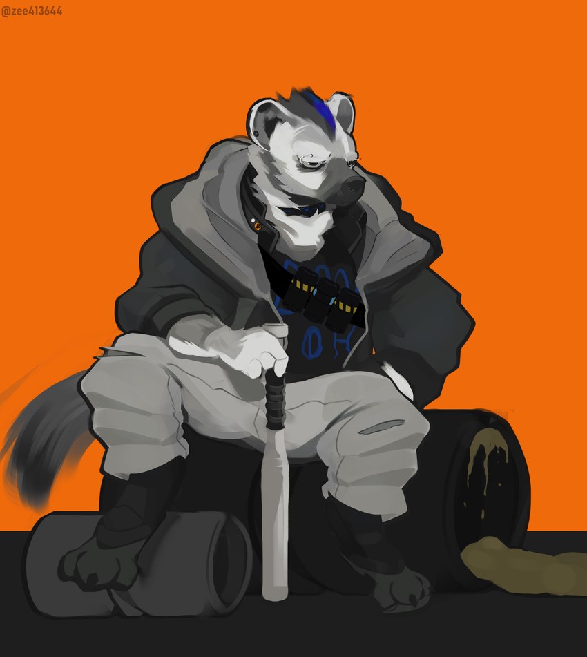 annoyed anthro barrel baseball_bat bat_(object) clothed clothing ear_piercing eyebrow_piercing facial_piercing fur grey_body grey_fur grumpy hair male markings piercing puffer_jacket sewage simple_background sitting solo tail yo_zee arknights hypergryph studio_montagne spot_(arknights) canid canine hyena mammal digital_media_(artwork) hi_res