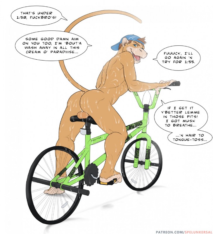 5_fingers anthro back_groove backsack backwards_baseball_cap backwards_hat balls bare_back baseball_cap bicycle biped blue_eyes bmx bodily_fluids brown_hair butt clothing cum cum_covered cum_in_mouth cum_inside cum_on_arm cum_on_back cum_on_butt cum_on_clothing cum_on_face cum_on_hand cum_on_head cum_on_leg cum_on_tail cycling dialogue fingers genital_fluids genitals hair hat headgear headwear looking_at_viewer looking_back male messy mostly_nude open_mouth profanity raised_tail rear_view shoulder_blades simple_background snout solo speech_bubble tail teeth text three-quarter_view tongue vehicle white_background spelunker_sal jerr atelid haplorhine mammal monkey new_world_monkey primate spider_monkey english_text hi_res url