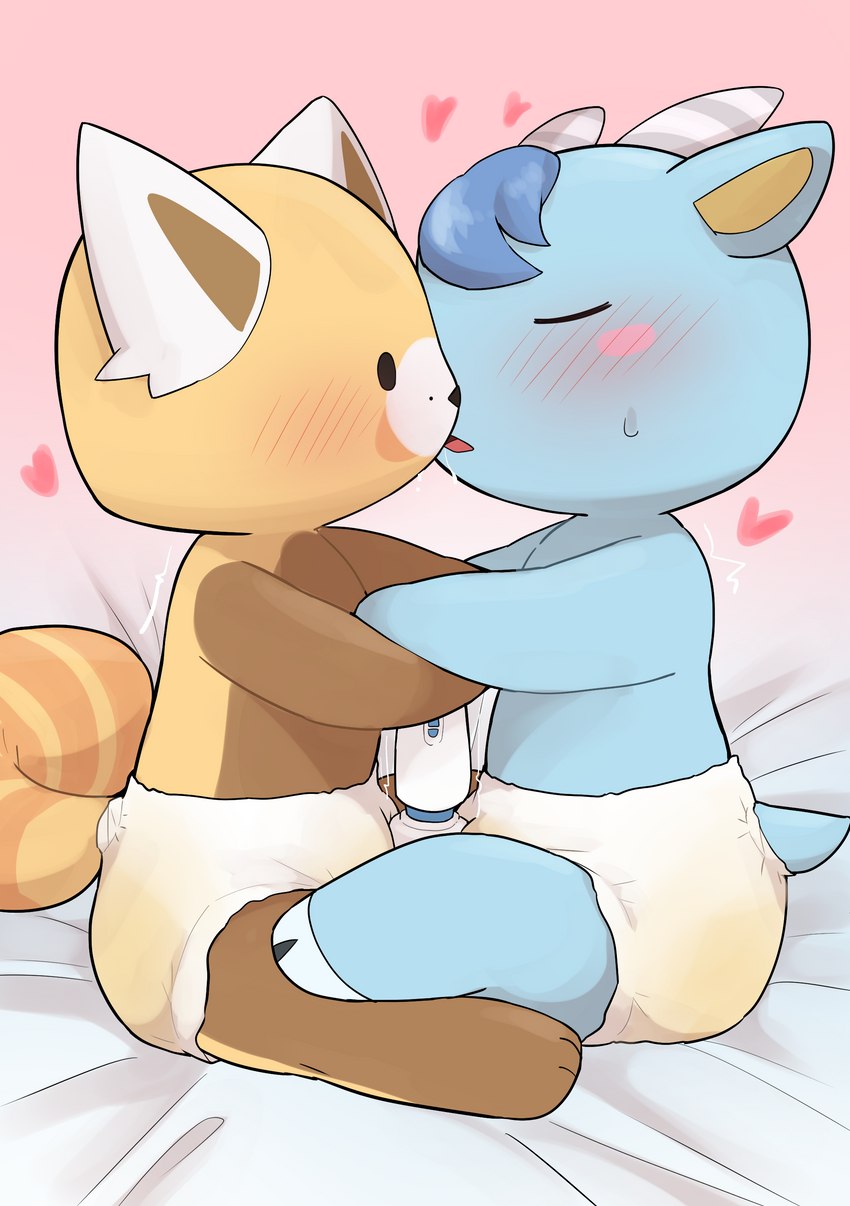 anthro blush blush_lines bodily_fluids clothed clothing diaper diaper_fetish diaper_only duo genital_fluids heart_symbol kissing male male/male masturbation saliva sex_toy topless unclean_diaper urine used_diaper vibrator wand_vibrator wearing_diaper wet wet_diaper wetting satsuki_rabbit aggretsuko animal_crossing nintendo sanrio resasuke sherb_(animal_crossing) ailurid bovid caprine goat mammal red_panda absurd_res crossover hi_res