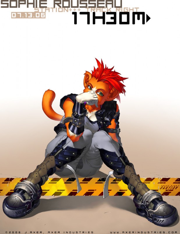 alternative_fashion anthro armor armored_boots barricade_tape biped boots breasts butt caution_tape cleavage clothed clothing cyberpunk female footwear fur greaves green_eyes hair hazard_stripes orange_body orange_fur red_hair shoes sitting solo tail text wide_hips y2k_(graphic_design) j_axer sophie_rousseau domestic_cat felid feline felis mammal url