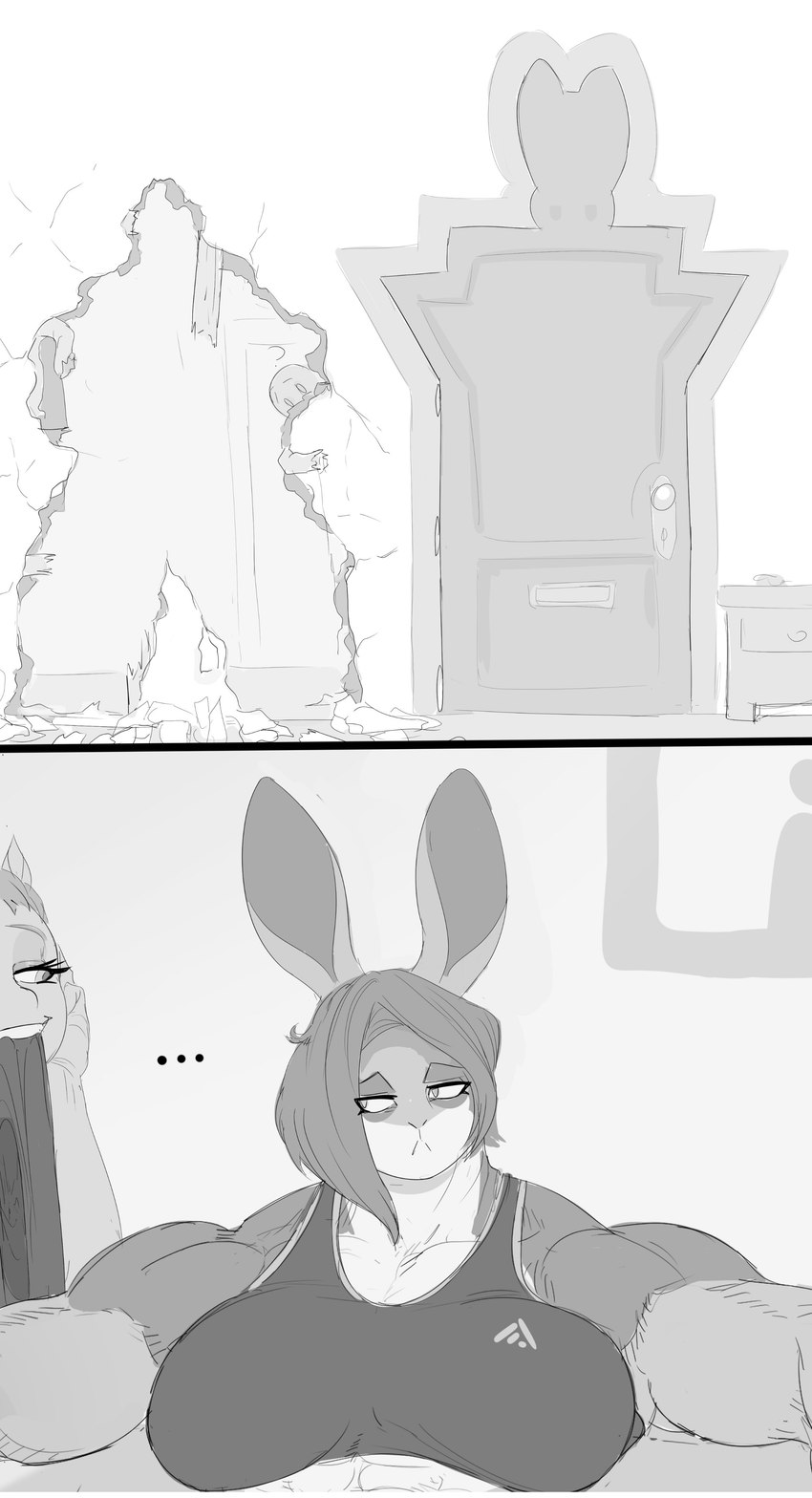 anthro biped door duo female holding_in_mouth hole_in_wall looking_at_another muscular muscular_anthro muscular_female dreamy_pride ruth_(peculiart) equid equine hare horse lagomorph leporid mammal rabbit 2023 absurd_res black_and_white comic hi_res monochrome gynomorph_(lore)