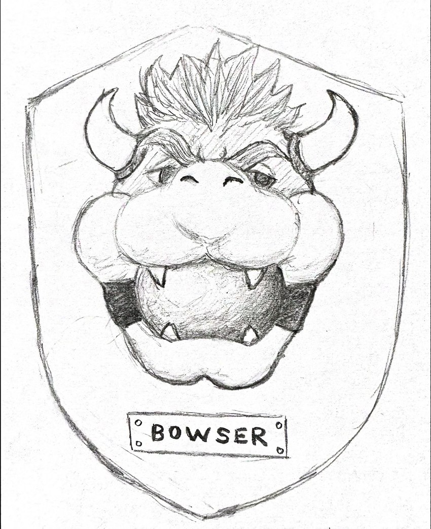 2_horns anthro award ball_gag eyebrows gag gagged hair horn male name_plate solo teeth trophy trophy_head omeggaomelette mario_bros nintendo bowser koopa scalie 2024 hi_res sketch traditional_media_(artwork)