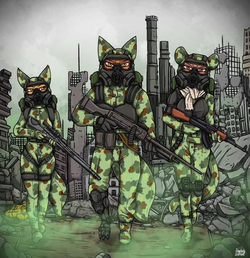 anthro clothing female group hazmat_suit male military_uniform ruins toxic_gas trio uniform weapon ziegelzeig jasmine_chevallier_(blacknight655) john_blackwell_(blacknight655) sasha_kuznotsva_(blacknight655) canid canine felid fox mammal pantherine snow_leopard 2022