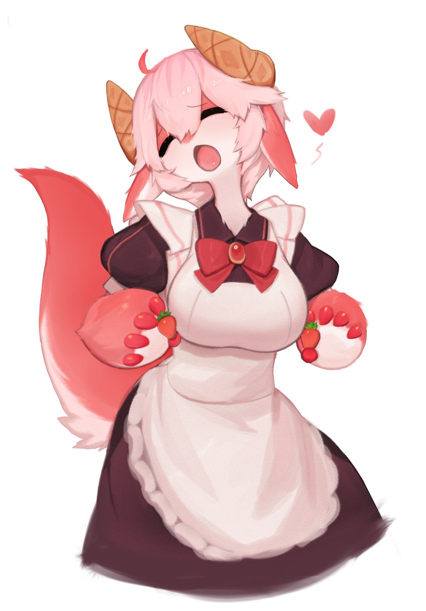 alternative_fashion anthro casual_lolita clothed clothing eyes_closed female food fruit fur hair heart_symbol horn j-fashion lolita_(fashion) maid_uniform open_mouth pink_hair plant red_body red_fur simple_background solo strawberry tail uniform white_background white_body white_fur soda_uyu asian_mythology east_asian_mythology mythology strawberry_(soda_uyu) dragon eastern_dragon mythological_creature mythological_scalie scalie 2022 absurd_res hi_res shaded