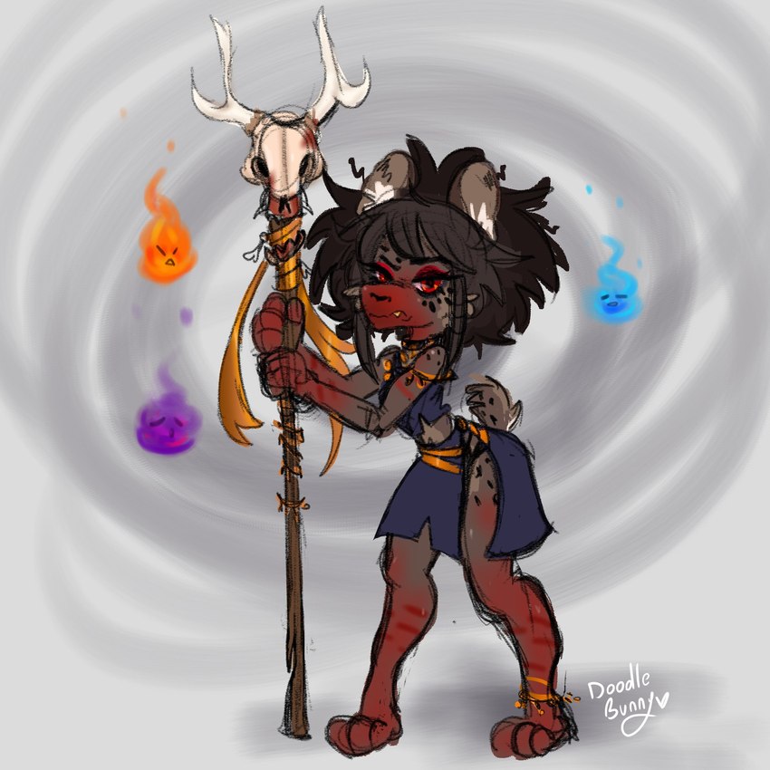 abstract_background angry anklet anthro antlers bangs blue_clothing blue_fire bone bottomwear brown_hair clothing colored_fire deer_skull eyeliner eyeshadow female fire fur fur_markings grey_background grey_body grey_fur hair holding_object horn jewelry kissy_face looking_at_viewer makeup markings messy_hair purple_fire red_body red_eyes red_eyeshadow red_fur simple_background skirt skull solo spiral_background spots spotted_markings staff standing swirl swirl_pattern tail topwear walking_stick white_background wisps doodlebunnyart ghost gnoll hyena mammal spirit 1:1 hi_res signature sketch