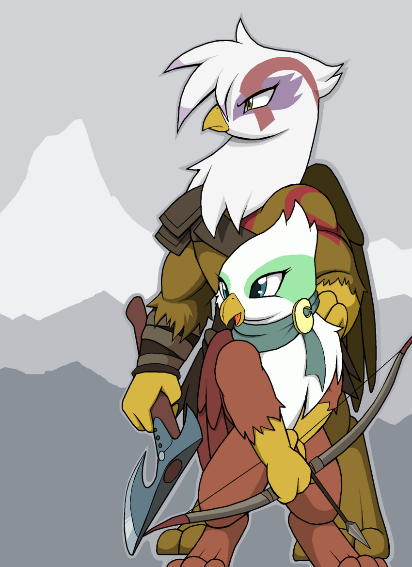 anthro anthrofied arrow_(weapon) axe beak bow_(weapon) duo hand_on_shoulder melee_weapon ranged_weapon shoulder_guards weapon wings droll3 friendship_is_magic god_of_war god_of_war_4 hasbro my_little_pony mythology sony_corporation sony_interactive_entertainment atreus_(god_of_war) gilda_(mlp) greta_(mlp) kratos avian gryphon mythological_avian mythological_creature hi_res