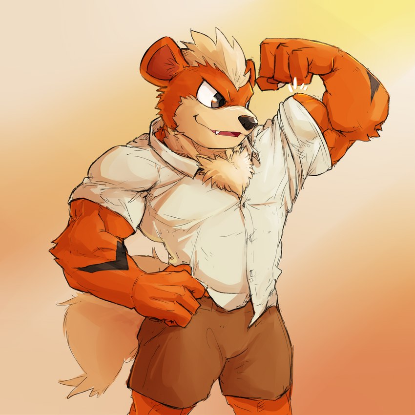 abstract_background anthro anthrofied bottomwear brown_eyes chest_tuft clothed clothing dress_shirt flexing flexing_bicep flexing_muscles fluffy fluffy_tail fur male muscular muscular_anthro muscular_male orange_body orange_fur shirt shorts solo tail topwear tuft yellow_body yellow_fur waddledox nintendo pokemon generation_1_pokemon growlithe pokemon_(species) 1:1 alternate_version_at_source hi_res