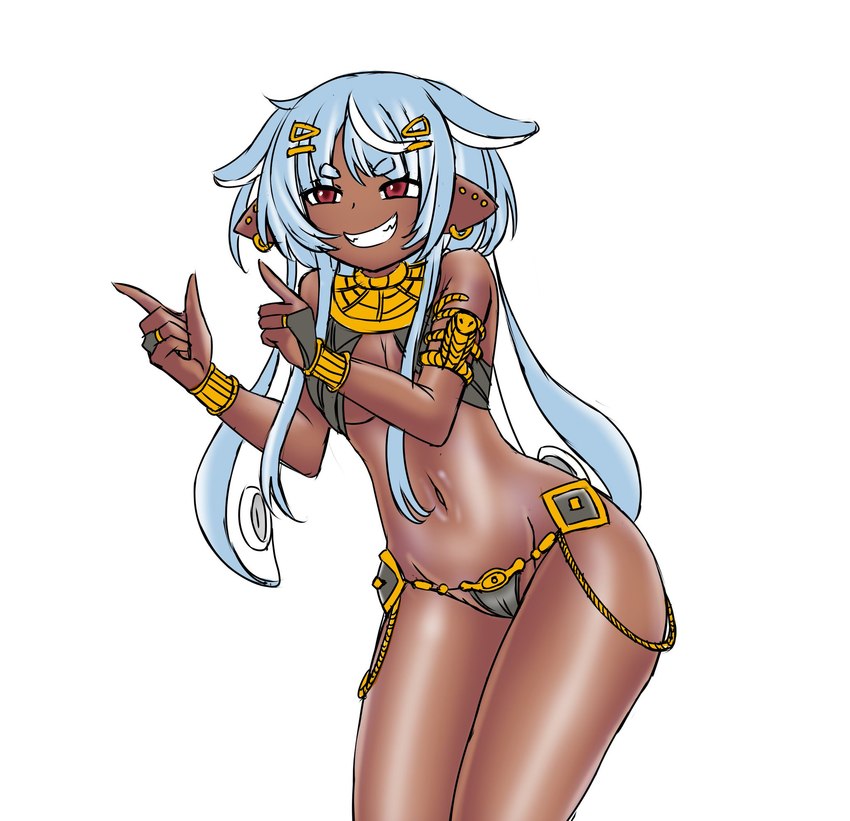 5_fingers accessory armlet big_butt bikini blue_hair butt camel_toe clothed clothing dark_body dark_skin ear_piercing ear_ring egyptian egyptian_clothing female fingers genital_outline gesture gold_(metal) gold_jewelry grey_bikini grey_clothing grey_swimwear grin hair hair_accessory hairclip hand_gesture humanoid_pointy_ears jewelry naughty_smile navel necklace non_nude piercing pointing pointing_at_another pointy_ears pseudo_hair pussy_outline red_eyes ring ring_piercing sassy skimpy smile solo swimwear tentacle_hair tentacles thick_thighs two-piece_swimsuit deculture vtuber puni_bon animal_humanoid cephalopod cephalopod_humanoid human humanoid mammal marine marine_humanoid mollusk mollusk_humanoid squid_humanoid hi_res