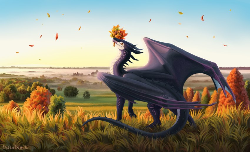 ambiguous_feral ambiguous_gender autumn claws detailed_background feral field fog grass horn leaf light membrane_(anatomy) membranous_wings plant quadruped scales smile solo sunrise tail tree wings deltablackk european_mythology mythology lyllandria dragon mythological_creature mythological_scalie scalie western_dragon absurd_res digital_media_(artwork) hi_res female_(lore)