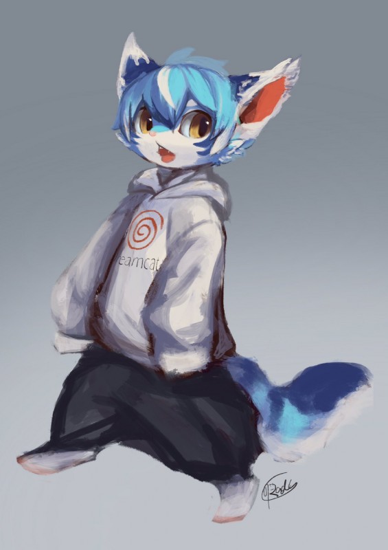 ambiguous_gender anthro blue_body blue_fur blue_hair brand_parody brown_eyes clothing dreamcast_logo fur grey_background hair hood hoodie hoodie_logo kemono logo multicolored_hair open_mouth short_hair simple_background sleeves_past_wrists solo topwear white_hair young young_anthro rady-wolf sega sega_dreamcast rufen domestic_cat felid feline felis mammal hi_res signature