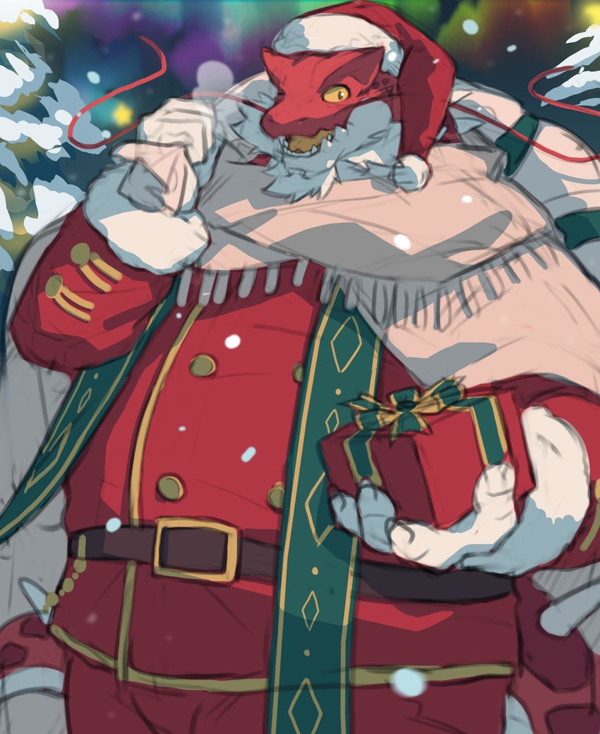 anthro beard christmas_clothing christmas_headwear clothing costume facial_hair gift gloves handwear hat headgear headwear holidays male mature_male mustache present_box red_body santa_costume santa_hat snow solo spikes spikes_(anatomy) tail yellow_eyes yed christmas lifewonders mythology tokyo_afterschool_summoners itzamna_(tas) dragon mythological_creature mythological_scalie scalie absurd_res hi_res