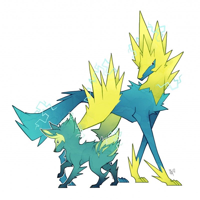 ambiguous_gender duo electricity feral fur hair simple_background white_background zesty nintendo pokemon canid canine electrike generation_3_pokemon mammal manectric pokemon_(species) 1:1 absurd_res hi_res