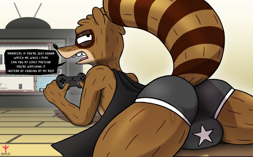 annoyed anthro briefs brown_body brown_fur bulge butt cape clothing detailed_background electronics fur gaming long_tail looking_at_viewer male pattern_briefs pattern_clothing pattern_underwear playing_video_game rear_view scar solo speech_bubble spread_legs spreading star star_underwear tail television thick_thighs underwear wrestling_outfit avioylin cartoon_network duck_game regular_show rigby_(regular_show) mammal procyonid raccoon hi_res