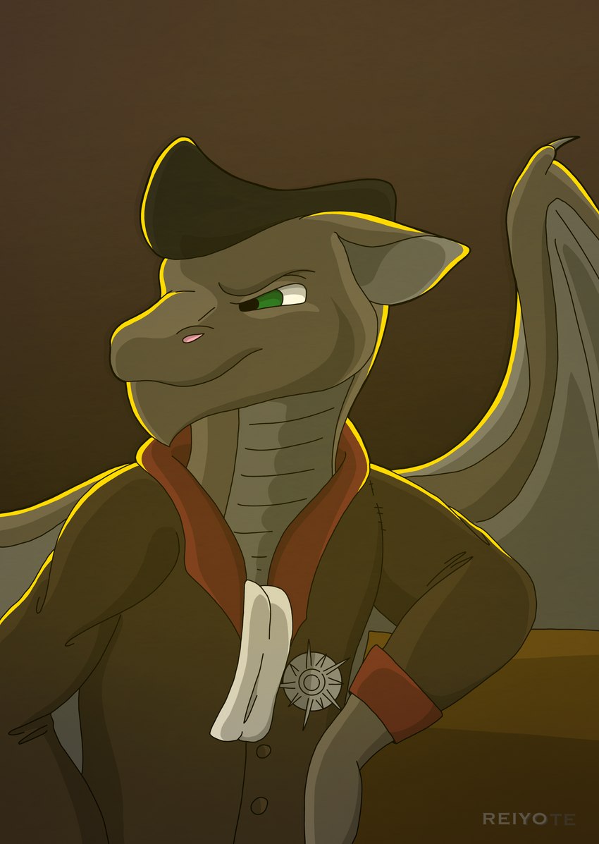 anthro brown_body brown_scales claws clothed clothing countershading green_eyes looking_away male membrane_(anatomy) membranous_wings scales solo tan_body tan_countershading wing_claws wings reiyoyote mythology kaiser dragon mythological_creature mythological_scalie scalie absurd_res hi_res