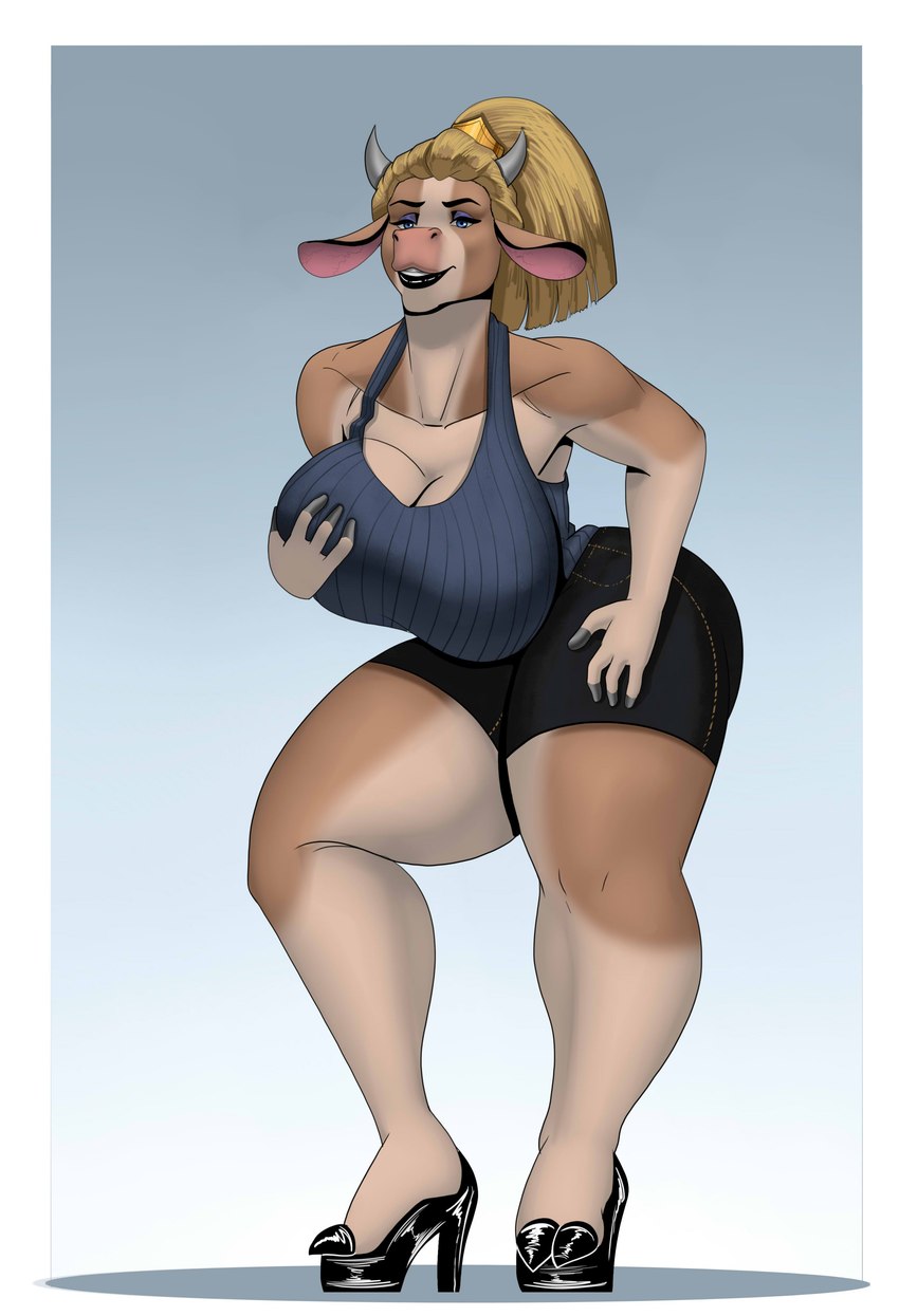 2_toes 4_fingers accessory anthro bedroom_eyes big_breasts big_butt black_lips blonde_hair blue_eyes bottomwear breasts brown_body brown_fur butt cleavage clothed clothing collarbone eyebrows eyelashes eyeshadow feet female fingers footwear fur gradient_background green_eyes hair hair_accessory hair_up hand_on_breast hand_on_leg hand_on_thigh high_heels holding_breast hooves horn hotpants huge_breasts jewelry lips looking_at_viewer makeup mature_female multicolored_body multicolored_fur narrowed_eyes ponytail pose seductive shirt shoes shorts simple_background solo tank_top thick_bottom_lip thick_thighs toes topwear two_tone_body two_tone_fur wide_hips pancarta bovid bovine cattle mammal absurd_res hi_res pinup