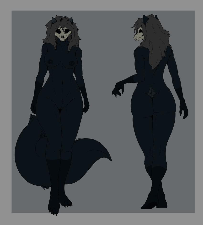 anterior_nasal_aperture anthro athletic athletic_female black_body black_fur breasts female fur genitals grey_hair hair solo vulva imnotalassie amythist_(hazrapanda) cryptid skulldog_(species) absurd_res hi_res model_sheet