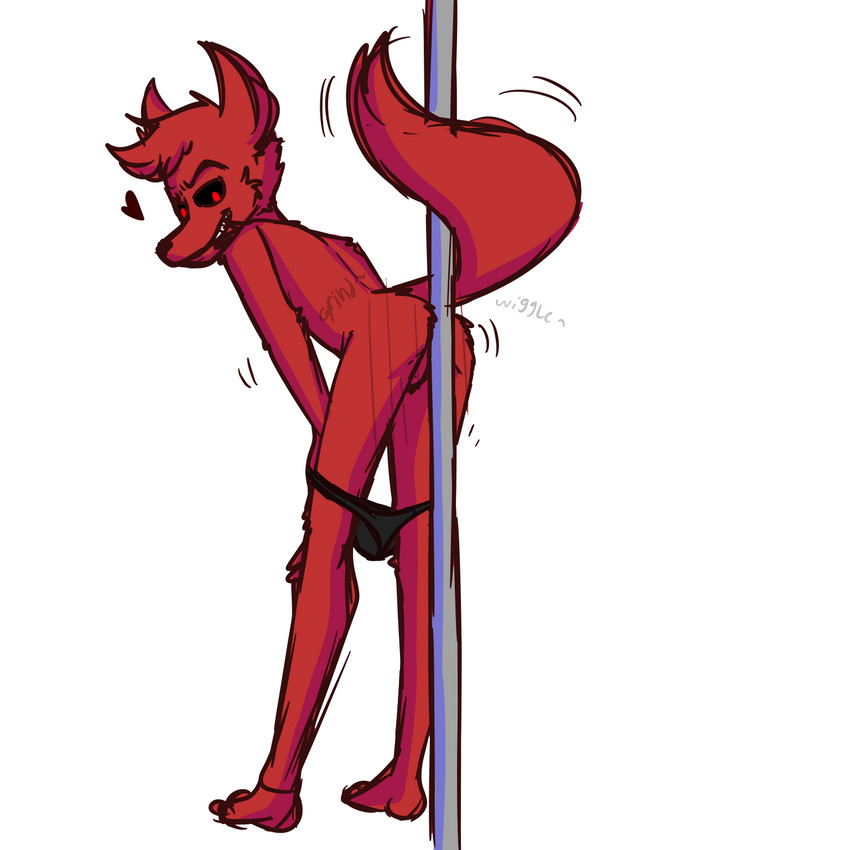 anthro balls black_sclera butt clothing dancing genitals heart_symbol looking_at_viewer male nude pole pole_dancing presenting presenting_hindquarters simple_background smile smirk solo stripper stripper_pole text undressing solarlewds zoophobia damian_(zoophobia) canid canine canis demon domestic_dog mammal 1:1 hi_res