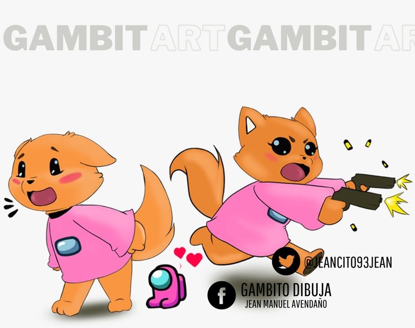 anthro chibi clothing female gun pink_clothing pink_shirt pink_t-shirt pink_topwear ranged_weapon runnin running shirt shooting solo t-shirt topwear weapon jeancito93jean among_us innersloth canid canine fox mammal